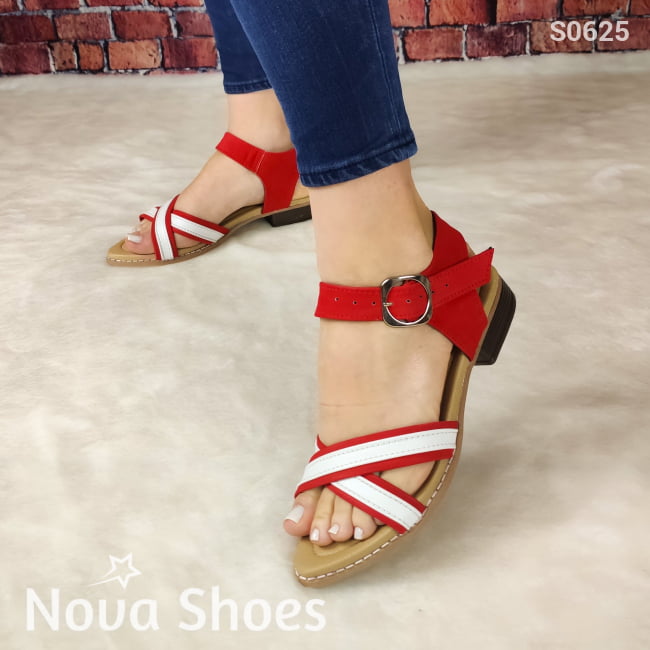 Sandalia De Colores Combinados Rojo / 35 Normal Zapatos Altos