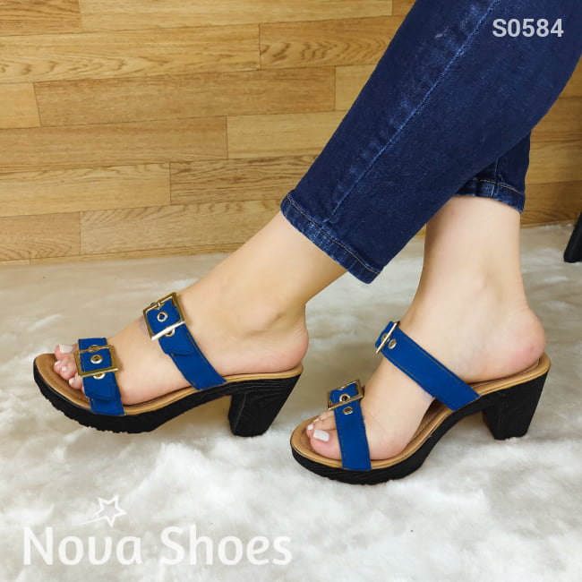 Sandalia De Correas Ajustables Con Suela Resina Negra Tacon Azul / 35 Normal Zapatos Medianos