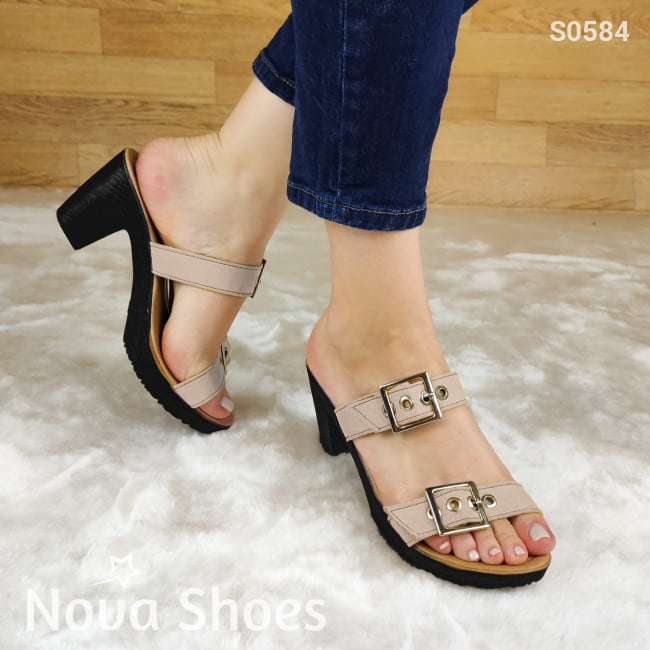 Sandalia De Correas Ajustables Con Suela Resina Negra Tacon Beige / 35 Normal Zapatos Medianos