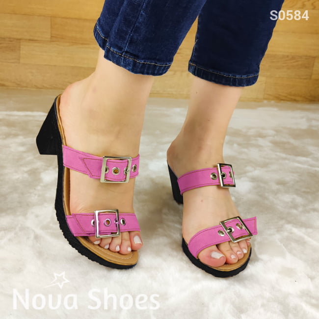Sandalia De Correas Ajustables Con Suela Resina Negra Tacon Fucsia / 35 Normal Zapatos Medianos