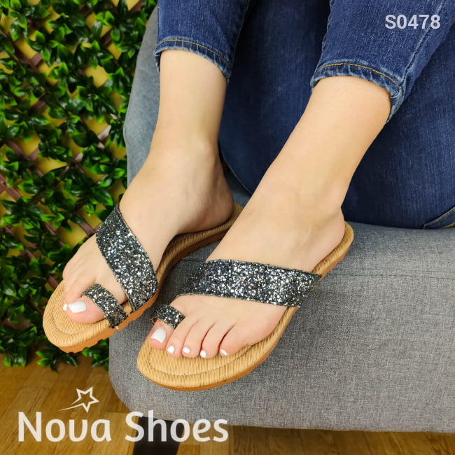 Sandalia De Dedo Escarchada Negro / 35 Normal Zapatos Bajitos