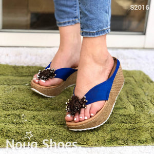 Sandalia De Plataforma Decorada Con Flor Y Forrada Bramante Azul / 34 Normal Zapatos Medianos