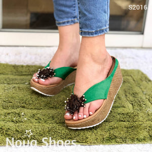 Sandalia De Plataforma Decorada Con Flor Y Forrada Bramante Verde / 34 Normal Zapatos Medianos