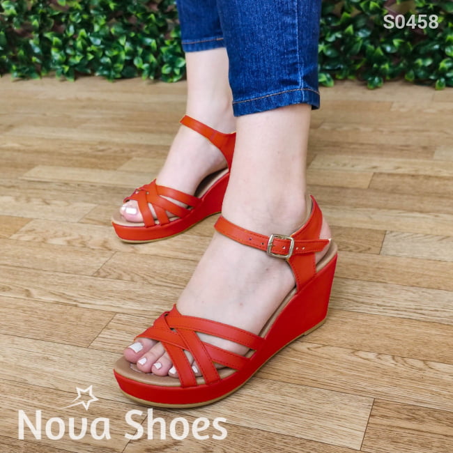 Sandalia De Plataforma Mediana Con Fajas Cruzadas Rojo / 35 Normal Zapatos Medianos