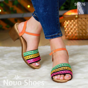 Sandalia De Tacón Con Colores Combinados Anaranjado / 35 Normal Zapatos Medianos