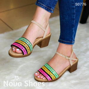Sandalia De Tacón Con Colores Combinados Beige / 35 Normal Zapatos Medianos