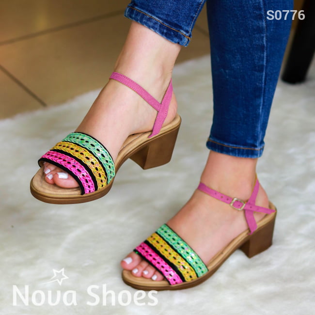 Sandalia De Tacón Con Colores Combinados Fucsia / 35 Normal Zapatos Medianos