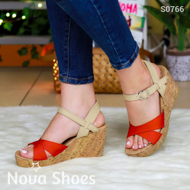 Sandalia Estilo Plataforma Con Correas De 2 Colores Rojo / 35 Normal Zapatos Medianos