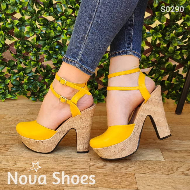 Sandalia Forrado De Corcho Diseñado Con 2 Gargantillas Amarillo / 35 Normal Zapatos Altos