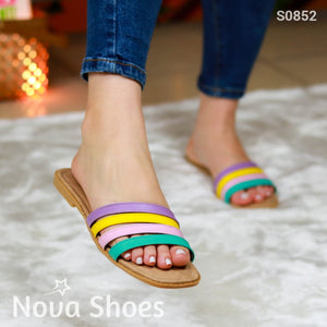 Sandalia Liviana Con Fajas De Colores Combinadas Amarillo / 35 Normal Zapatos Bajitos