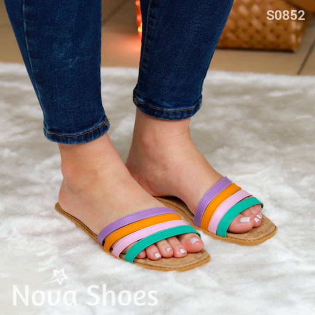 Sandalia Liviana Con Fajas De Colores Combinadas Anaranjado / 35 Normal Zapatos Bajitos