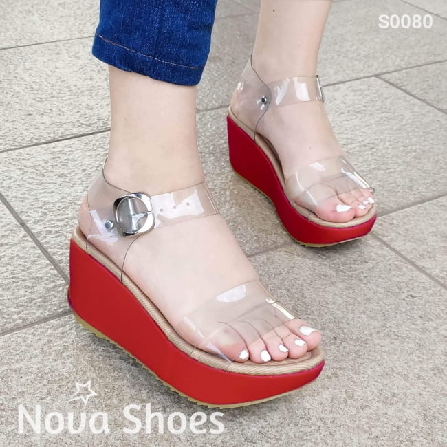 Sandalia Mediana Con Fajas Transparentes Rojo / 34 Normal Zapatos Medianos