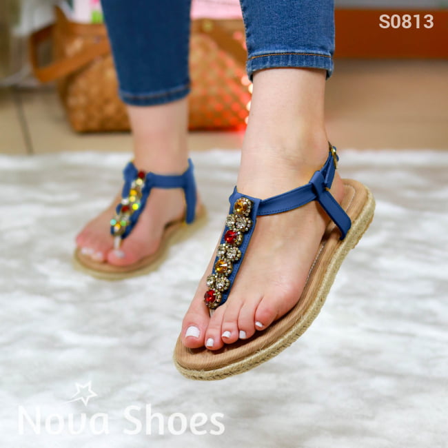 Sandalia Para Dama Con Hermosa Pedrería Brillante Azul / 35 Normal Zapatos Bajitos