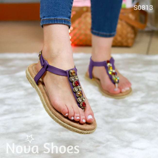 Sandalia Para Dama Con Hermosa Pedrería Brillante Morado / 35 Normal Zapatos Bajitos