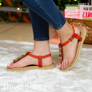 Sandalia Para Dama Con Hermosa Pedrería Brillante Rojo / 35 Normal Zapatos Bajitos