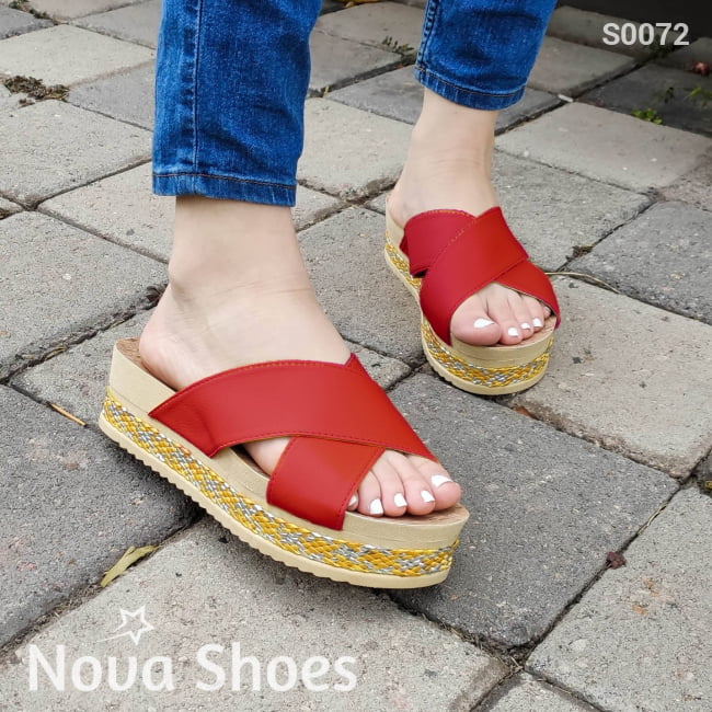 Sandalia Solo De Meter Con Fajas Gruesas Cruzadas Rojo / 35 Normal Zapatos Medianos