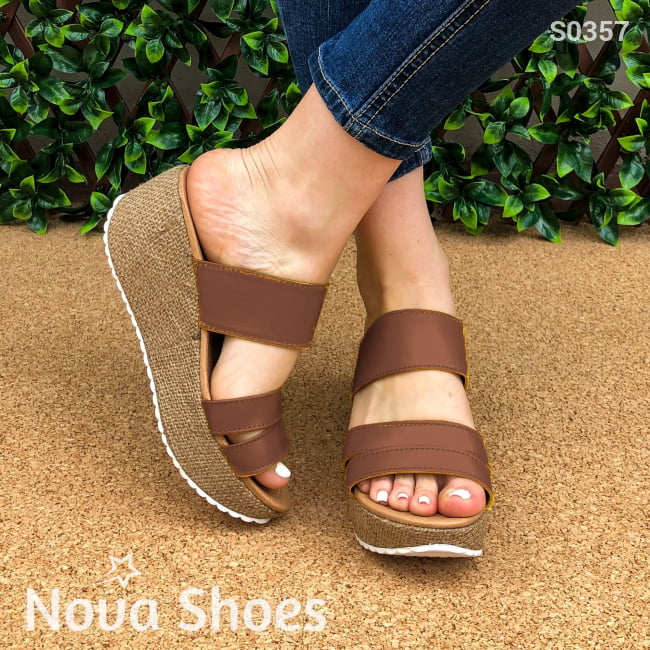 Sandalia Solo De Meter Plataforma Mediana Hecha Con 3 Fajas Cafe / 34 Normal Zapatos Altos