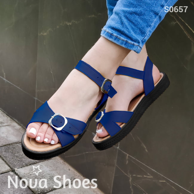 Sandalias Bajas Con Faja Cruzada Delantera Decorado Una Hebilla Frontal Azul / 35 Normal Zapatos