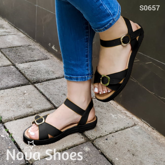 Sandalias Bajas Con Faja Cruzada Delantera Decorado Una Hebilla Frontal Negro / 35 Normal Zapatos