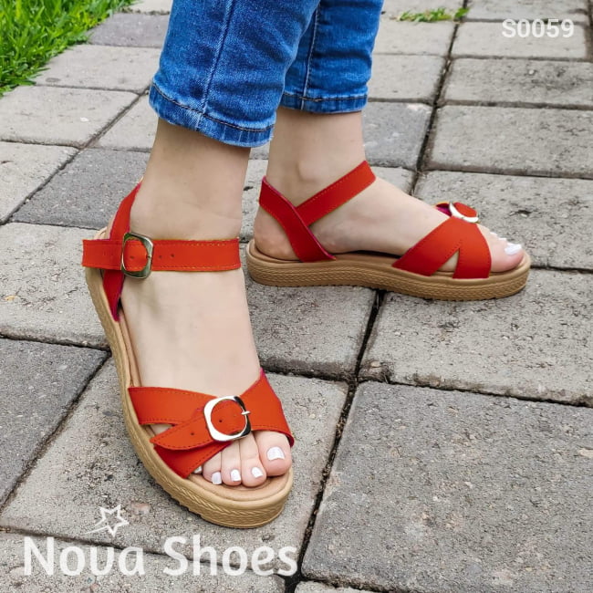 Sandalias Bajas Con Faja Cruzada Delantera Decorado Una Hebilla Frontal Rojo / 35 Normal Zapatos