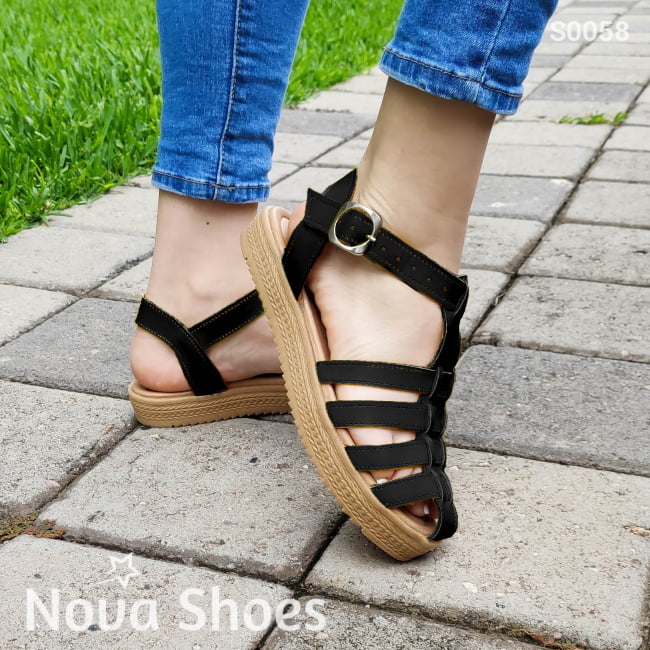 Sandalias Con Fajas Cruzadas Excelente Soporte Negro / 35 Normal Zapatos Bajitos