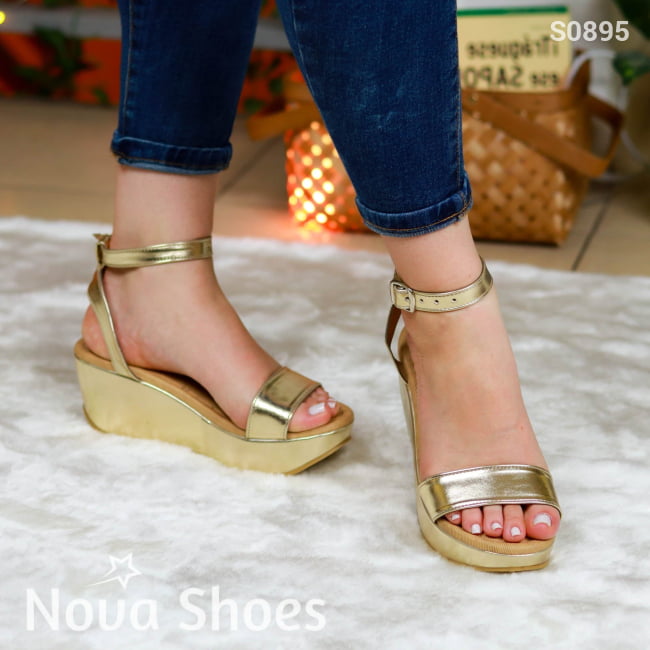 Sandalias De Cuña Metálicas Doradas Zapatos Medianos