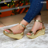 Sandalias De Cuña Metálicas Doradas Zapatos Medianos