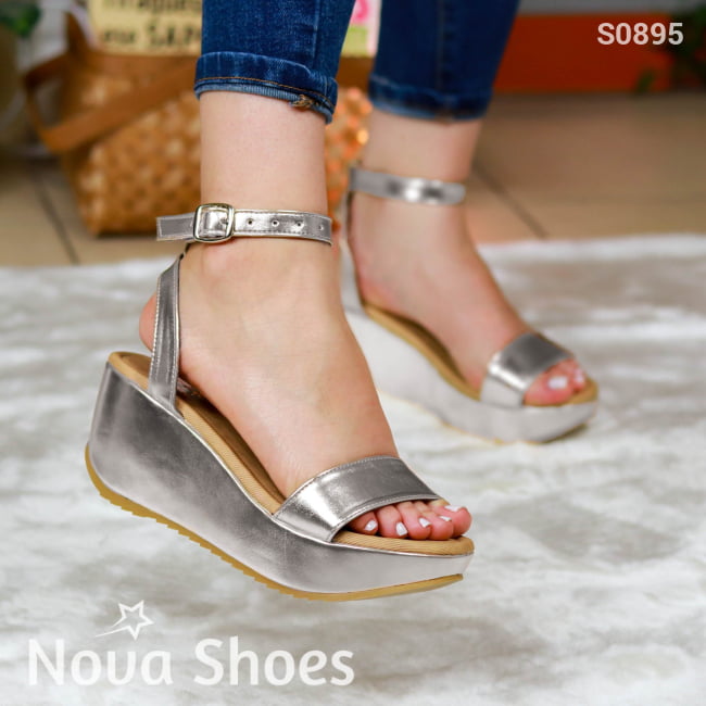 Sandalias De Cuña Metálicas Doradas Zapatos Medianos