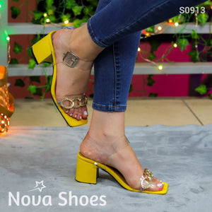 Sandalias De Tacón Con Adornos Metalicos Y Correa Transparente Amarillo / 35 Normal Zapatos Medianos