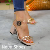 Sandalias De Tacón Con Adornos Metalicos Y Correa Transparente Beige / 35 Normal Zapatos Medianos