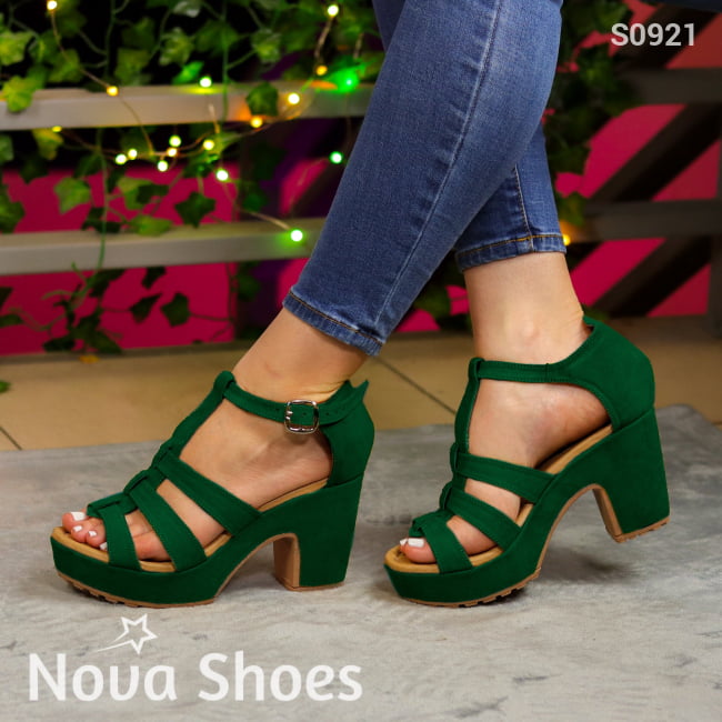 Sandalias De Tacón Grueso En Gamuza. Toque Suave Para Una Silueta Definida Verde / 35 Normal