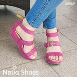 Sandalias Medianas Hechas De Gamuza Con Tres Fajas Fucsia / 34 Normal Zapatos Medianos