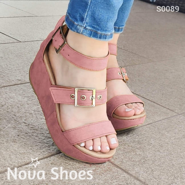 Sandalias Medianas Hechas De Gamuza Con Tres Fajas Rosado / 34 Normal Zapatos Medianos