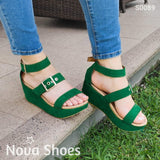 Sandalias Medianas Hechas De Gamuza Con Tres Fajas Verde / 34 Normal Zapatos Medianos