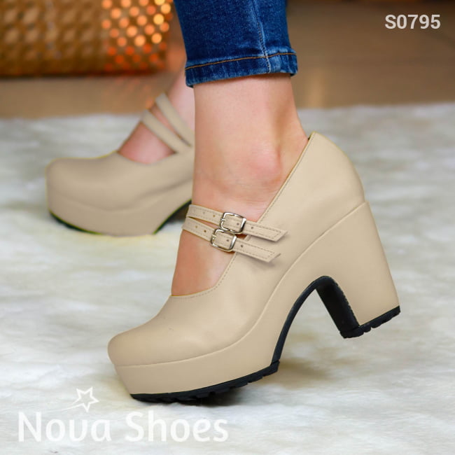 Suela De Tacon Cuadrado No Tan Alto. Zapato Cerrado Enfrente Beige / 35 Normal Zapatos Medianos