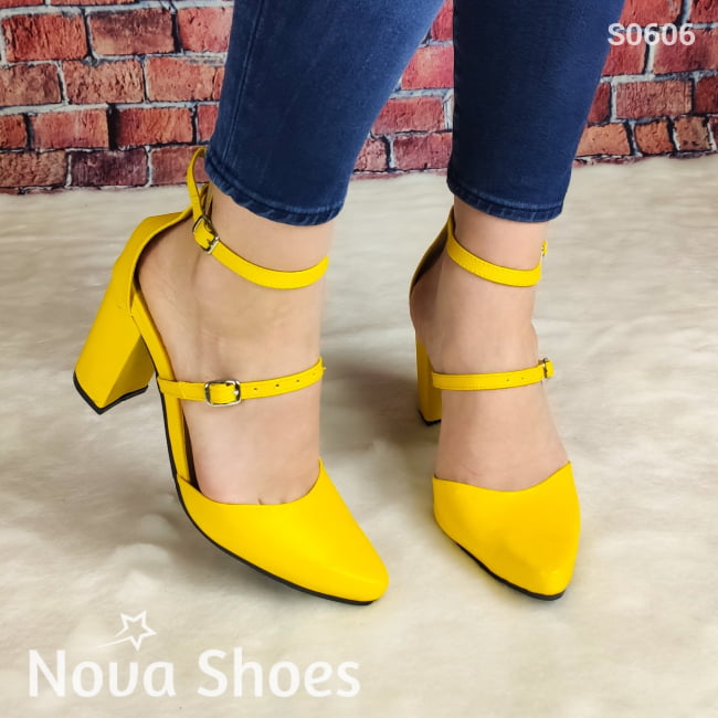 Tacón Cerrado De Enfrente Con Dos Fajas Delgadas Hebilla Ajustable Amarillo / 35 Normal Zapatos