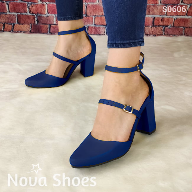 Tacón Cerrado De Enfrente Con Dos Fajas Delgadas Hebilla Ajustable Azul / 35 Normal Zapatos Altos