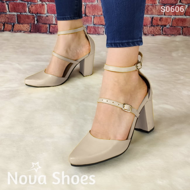 Tacón Cerrado De Enfrente Con Dos Fajas Delgadas Hebilla Ajustable Beige / 35 Normal Zapatos Altos