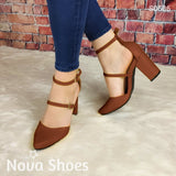 Tacón Cerrado De Enfrente Con Dos Fajas Delgadas Hebilla Ajustable Cafe / 35 Normal Zapatos Altos