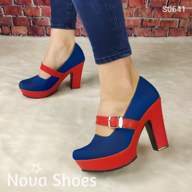 Tacon De Dos Colores Combinados En Rojo Azul / 35 Normal Zapatos Altos