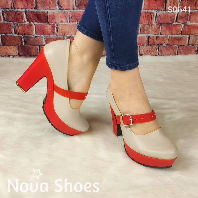 Tacon De Dos Colores Combinados En Rojo Beige / 35 Normal Zapatos Altos