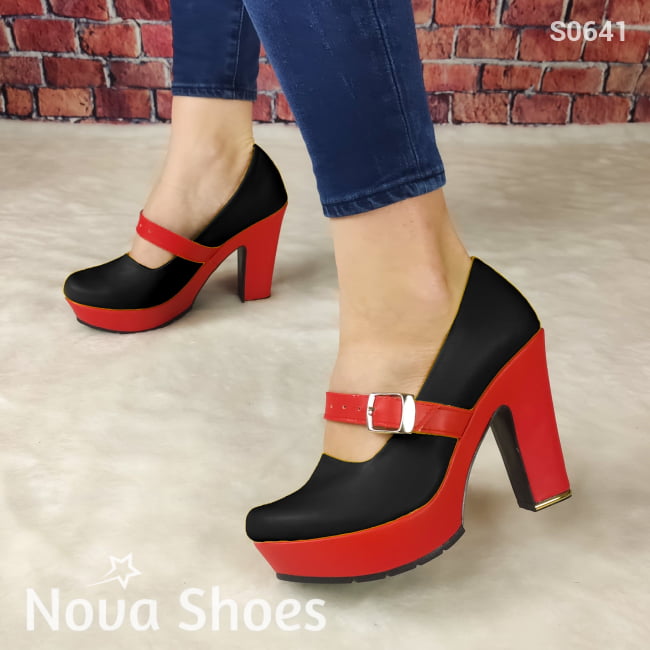Tacon De Dos Colores Combinados En Rojo Negro / 35 Normal Zapatos Altos