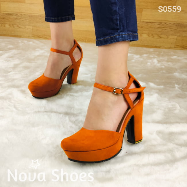 Tacón De Gamuza Cerrado Enfrente Anaranjado / 35 Normal Zapatos Altos