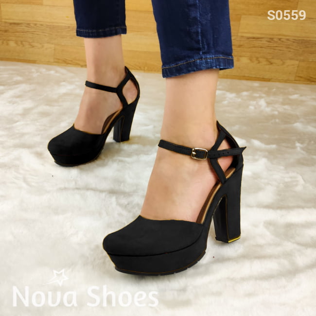 Tacón De Gamuza Cerrado Enfrente Negro / 35 Normal Zapatos Altos