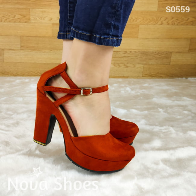 Tacón De Gamuza Cerrado Enfrente Rojo / 35 Normal Zapatos Altos