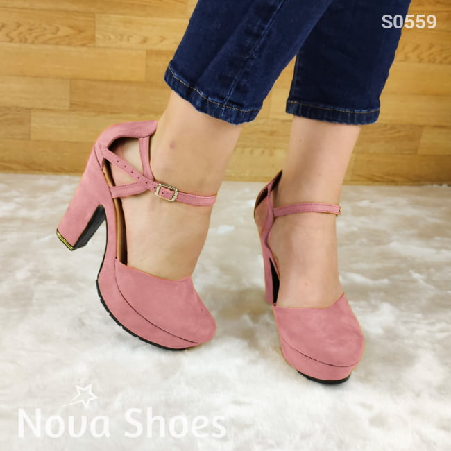 Tacón De Gamuza Cerrado Enfrente Rosado / 35 Normal Zapatos Altos