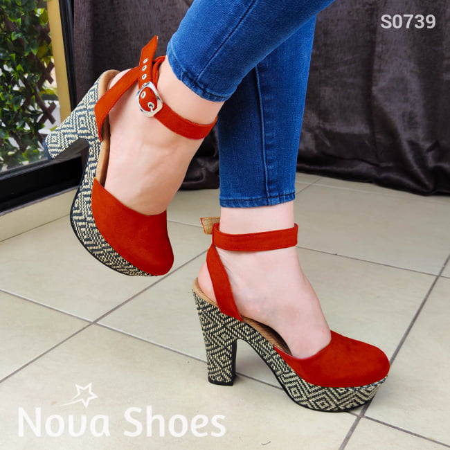 Tacones Con Diseño De Patrones Y Elaborados En Gamuza Rojo / 35 Normal Zapatos Altos