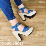 Tacones De Tela Jean Y En Tela. Dos Tonalidades Zapatos Altos