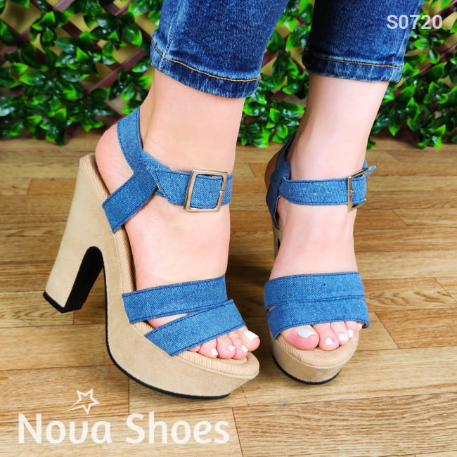 Tacones De Tela Jean Y En Tela. Dos Tonalidades Zapatos Altos