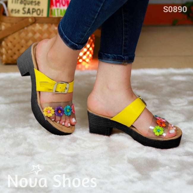Tacones Decorados Con Flores Y Una Faja Gruesa De Cuerina Hebilla Amarillo / 35 Normal Zapatos